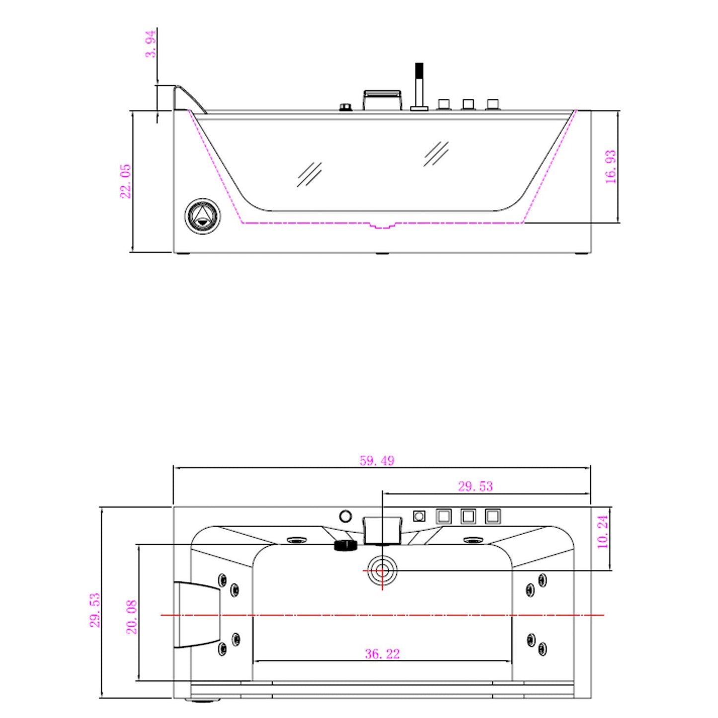Empava-59JT408LED 59 in. Whirlpool Waterfall Faucet Bathtub With Chrome Fixture Installed