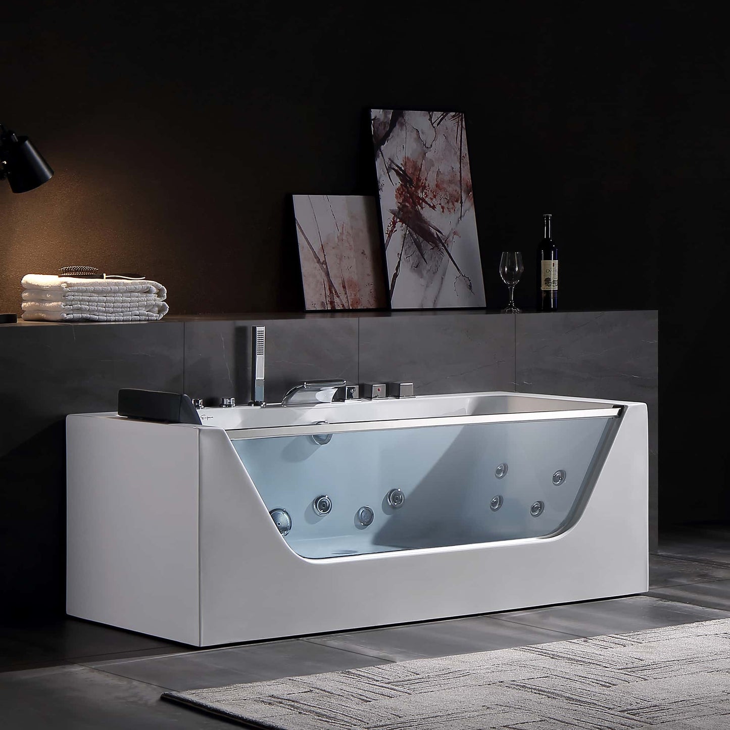 Empava-59JT408LED 59 in. Whirlpool Waterfall Faucet Bathtub With Chrome Fixture Installed