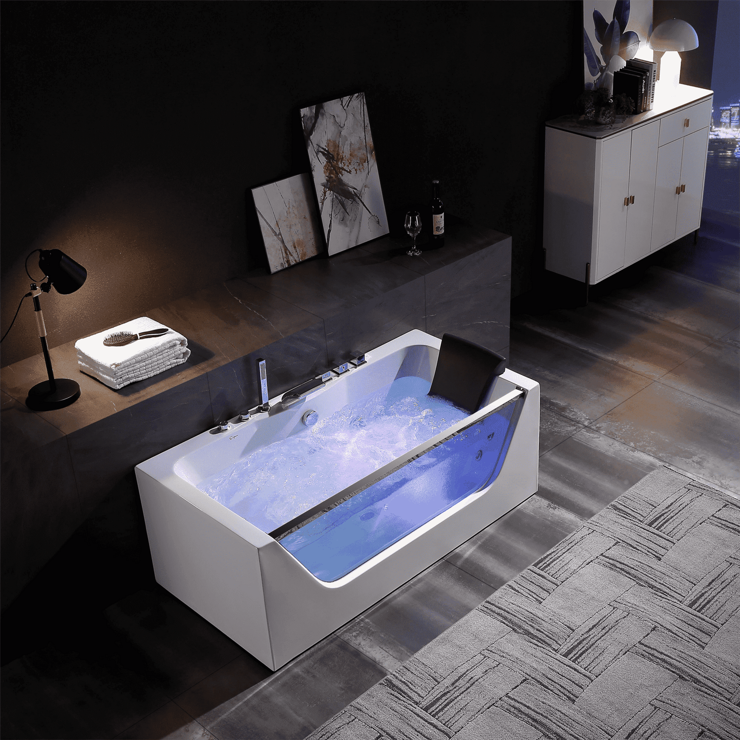 Empava-59JT408LED 59 in. Whirlpool Waterfall Faucet Bathtub With Chrome Fixture Installed
