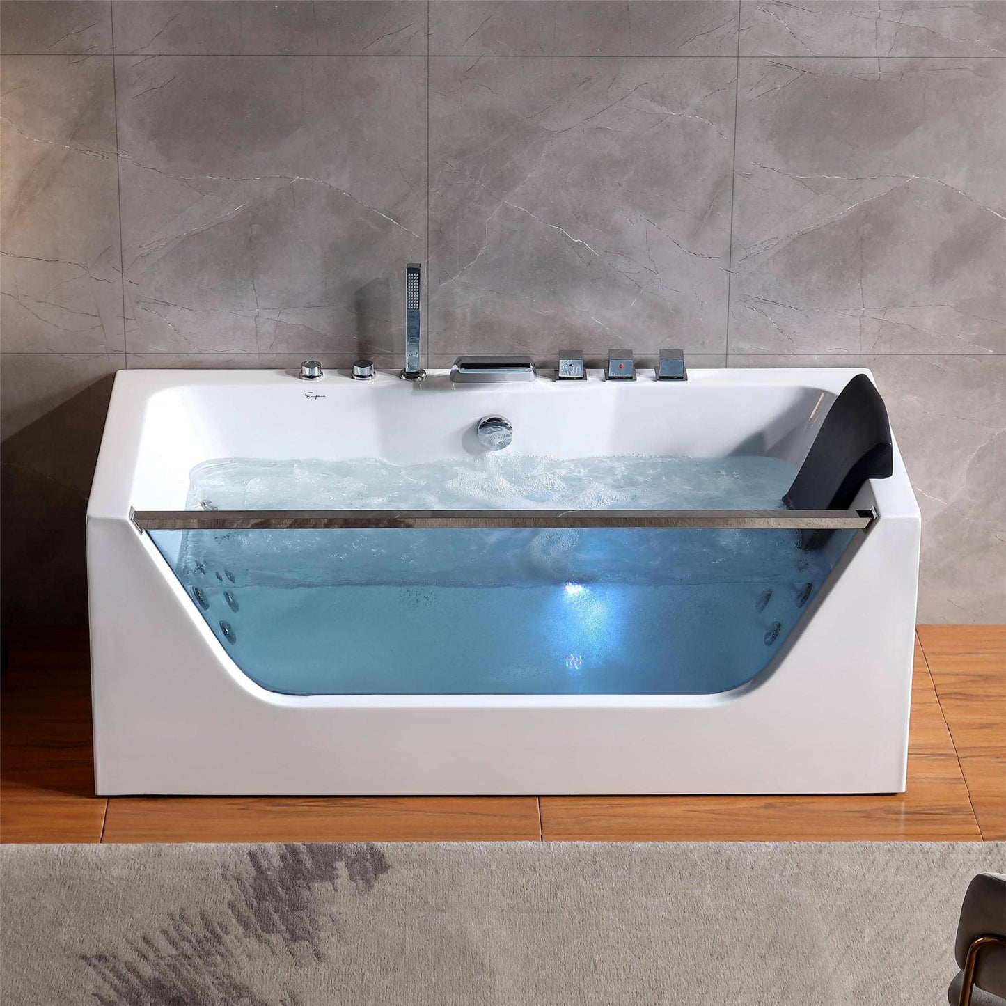 Empava-59JT408LED 59 in. Whirlpool Waterfall Faucet Bathtub With Chrome Fixture Installed