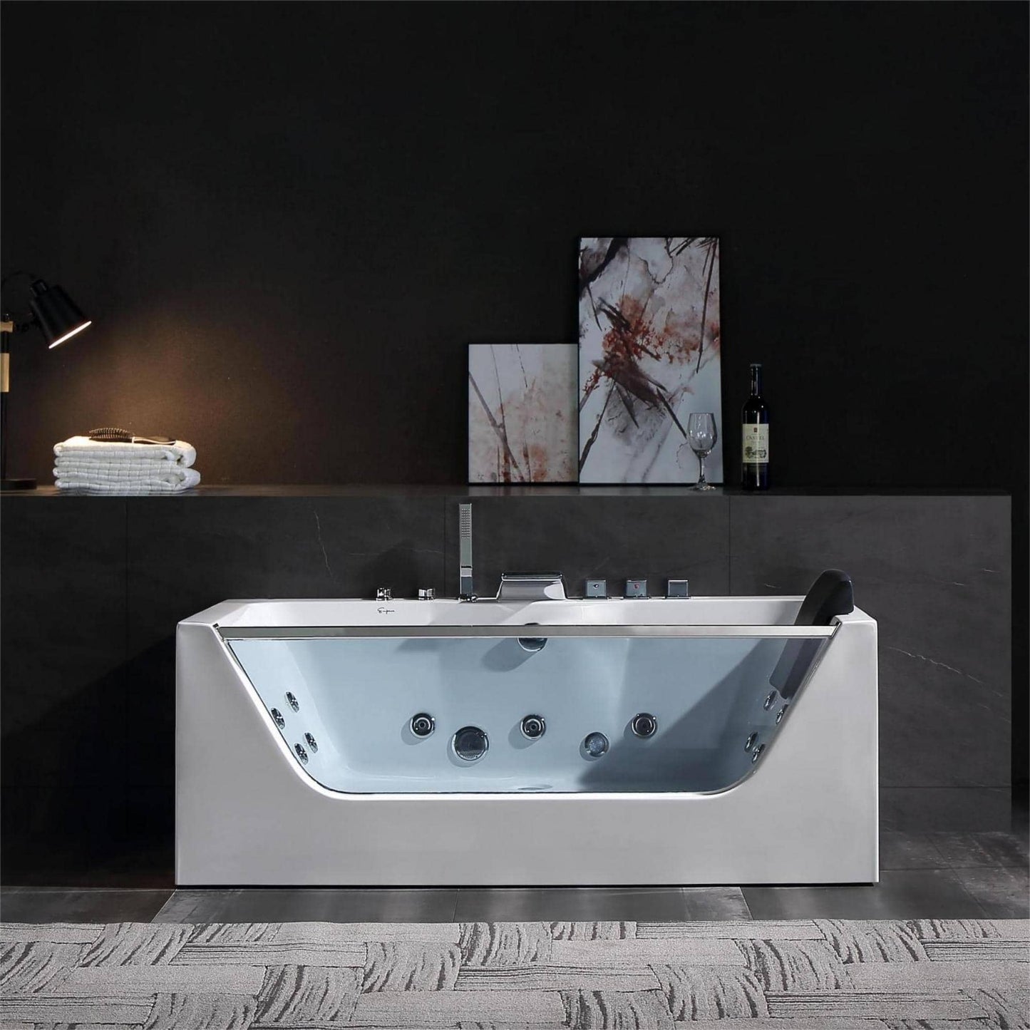 Empava-59JT408LED 59 in. Whirlpool Waterfall Faucet Bathtub With Chrome Fixture Installed