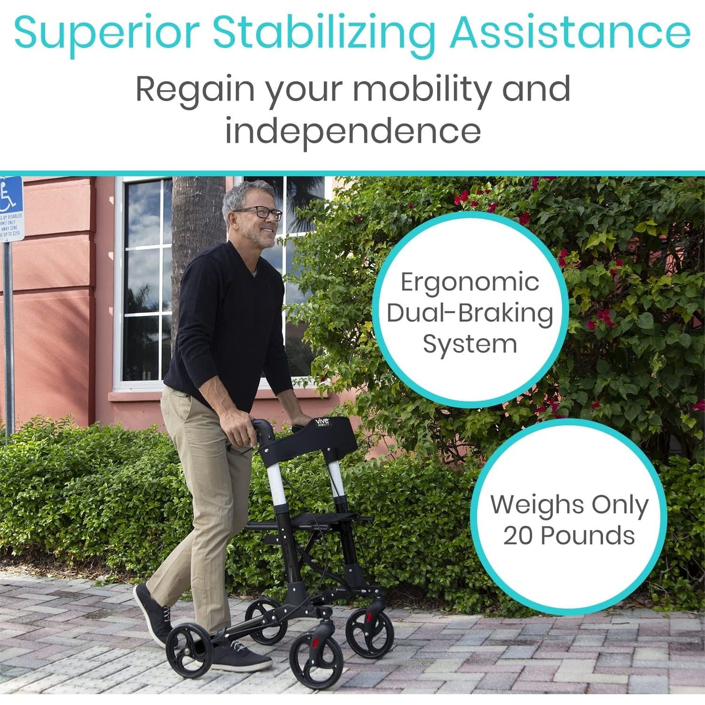 Vive Health Walker Rollator Lightweight Foldable Walking Transport MOB1010