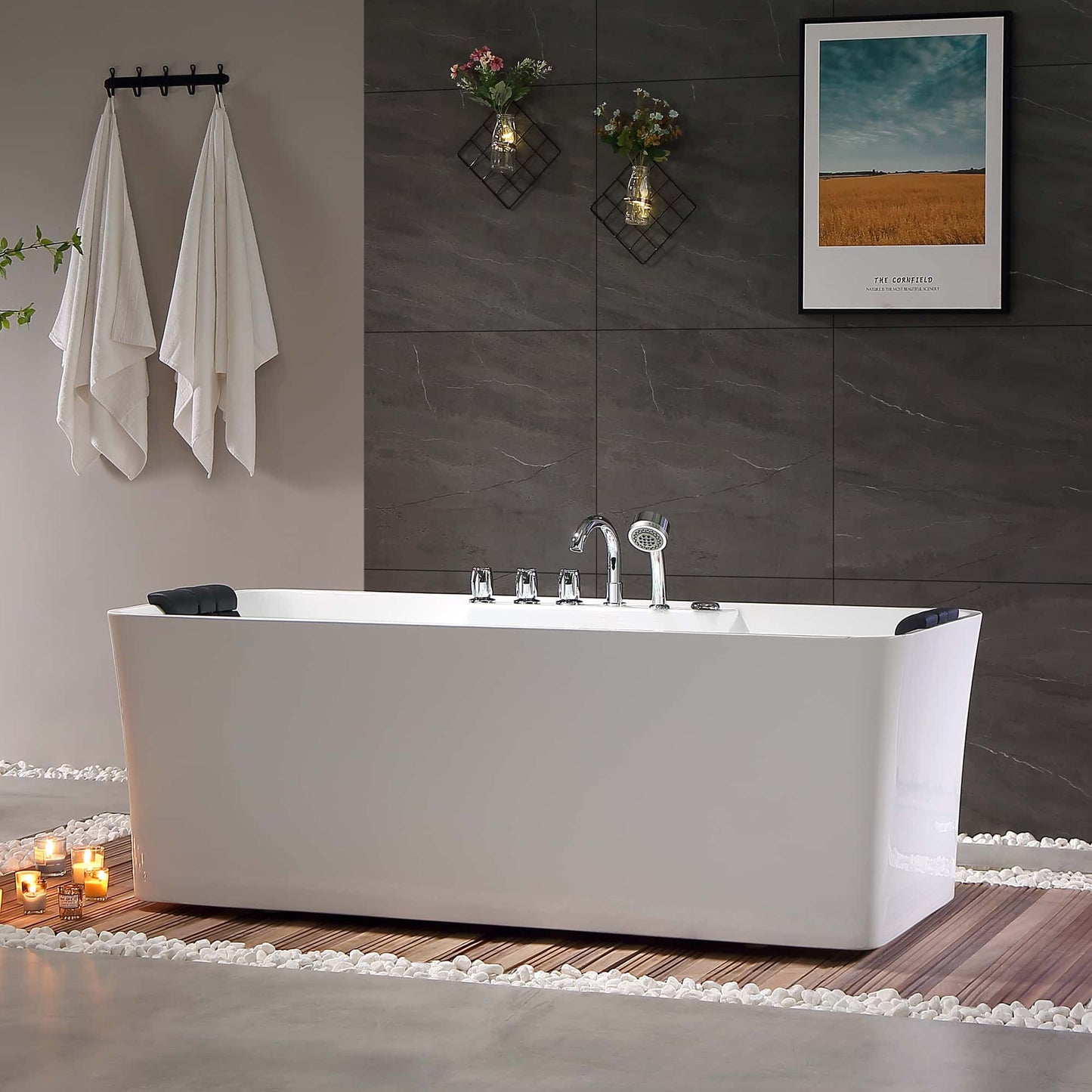 Empava-59AIS15 59 in. Freestanding Whirlpool Bathtub With Chrome Fixture Installed