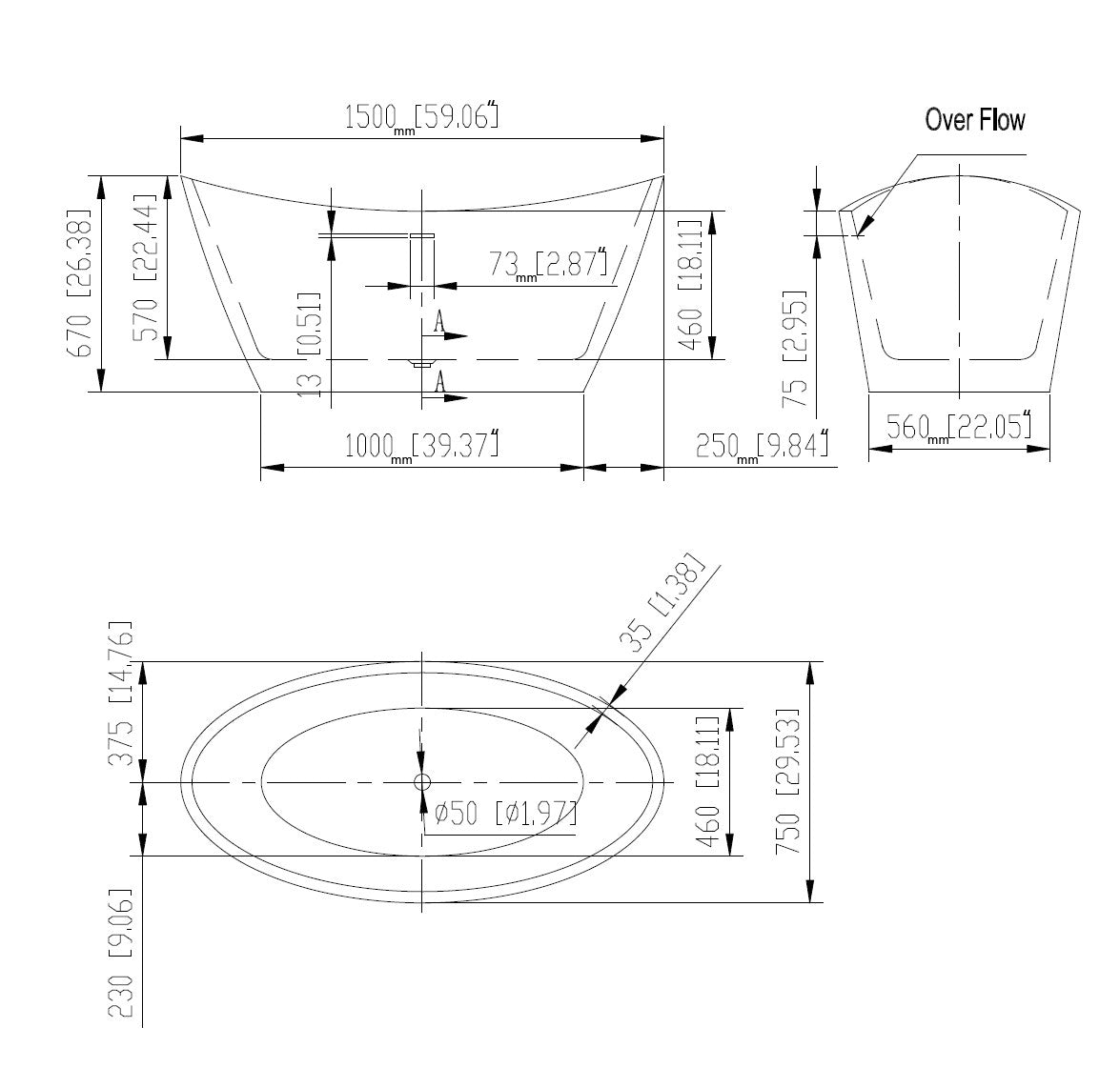 Empava-59FT1518 59 in. Soaking Freestanding Bathtub