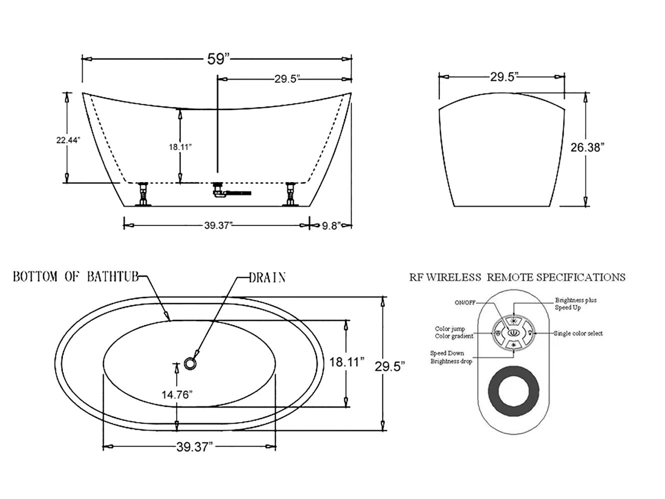 Empava-59FT1518LED 59 in. Soaking Freestanding Bathtub