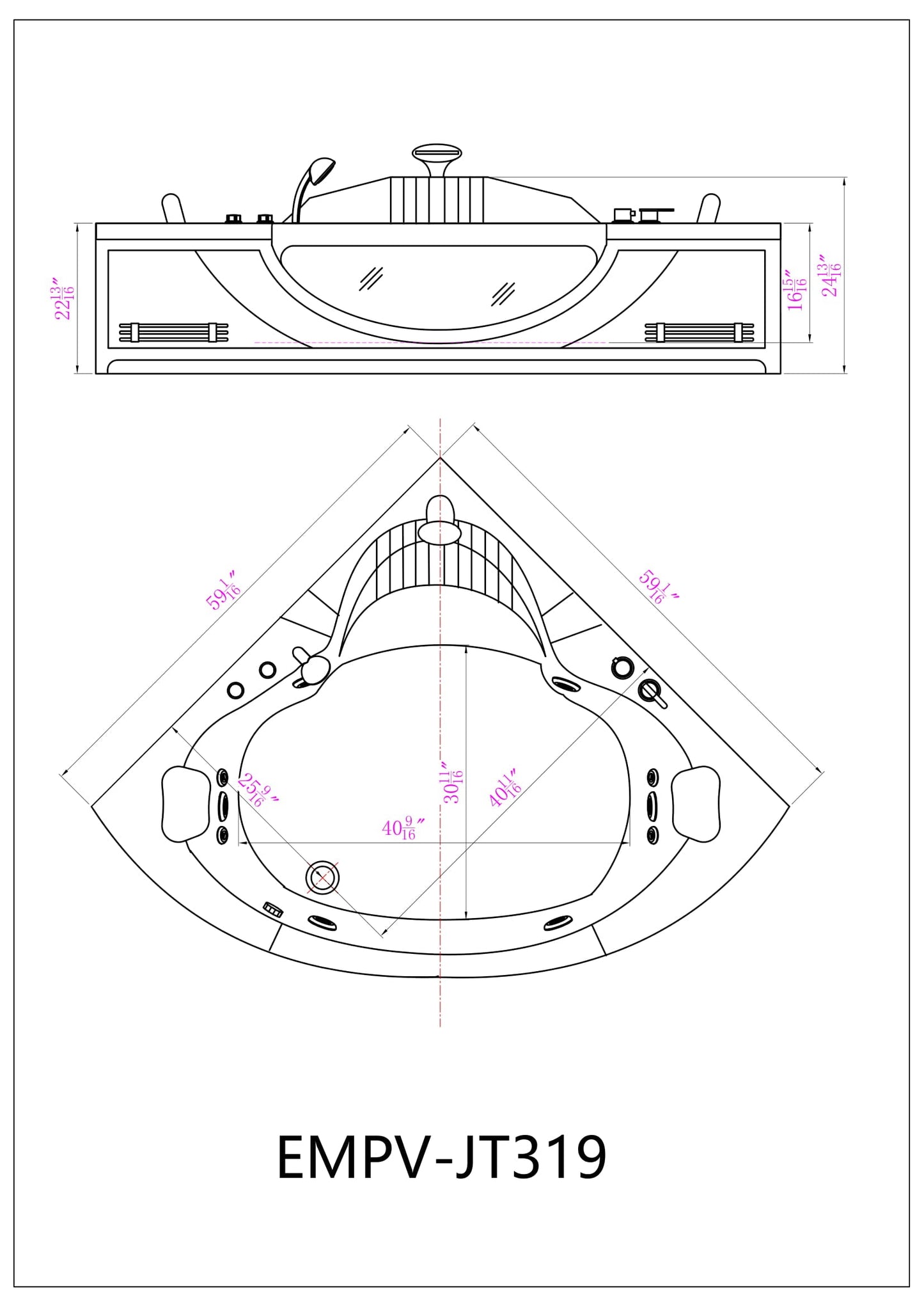 Empava 59JT319LED-59 in. Thermostatic Jetted Tub With Chrome Fixture Installed