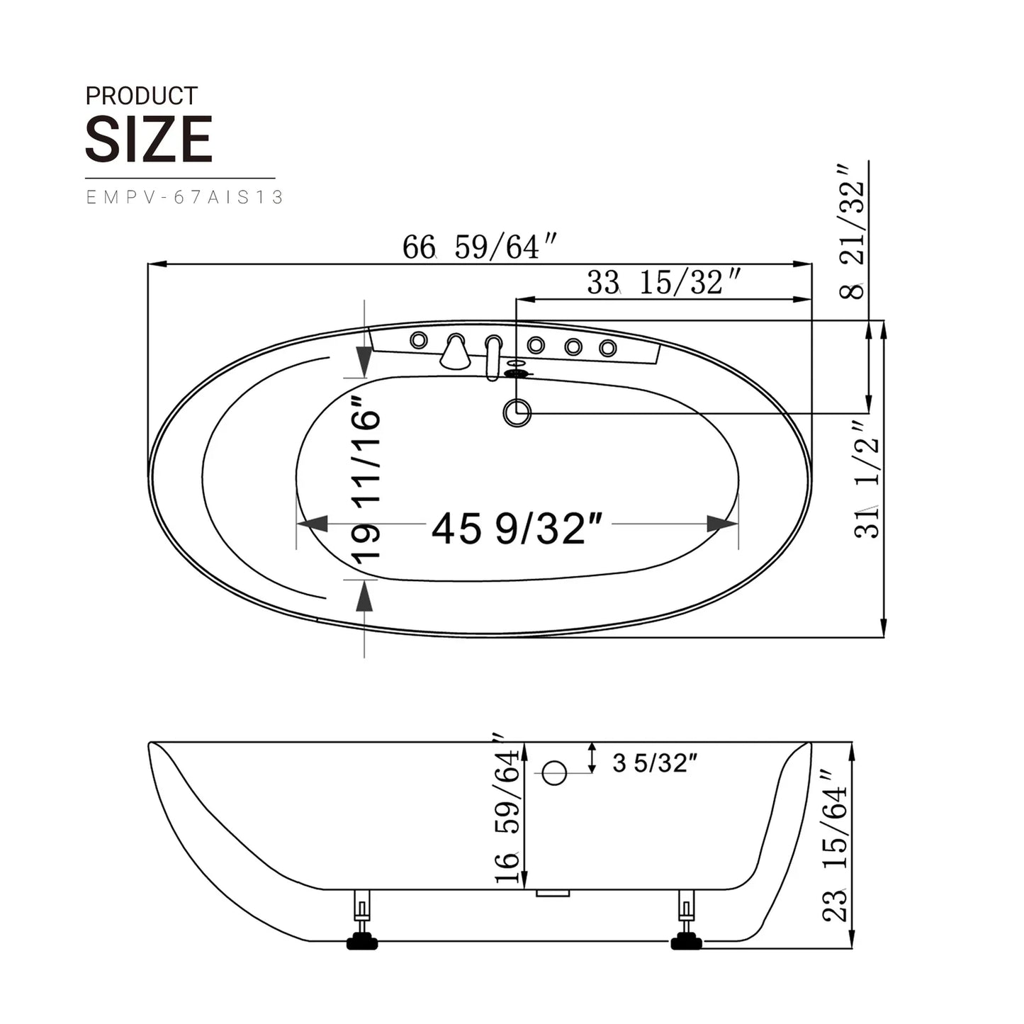 Empava-67AIS13 67 in. Whirlpool Freestanding Bathtub With Chrome Fixture Installed