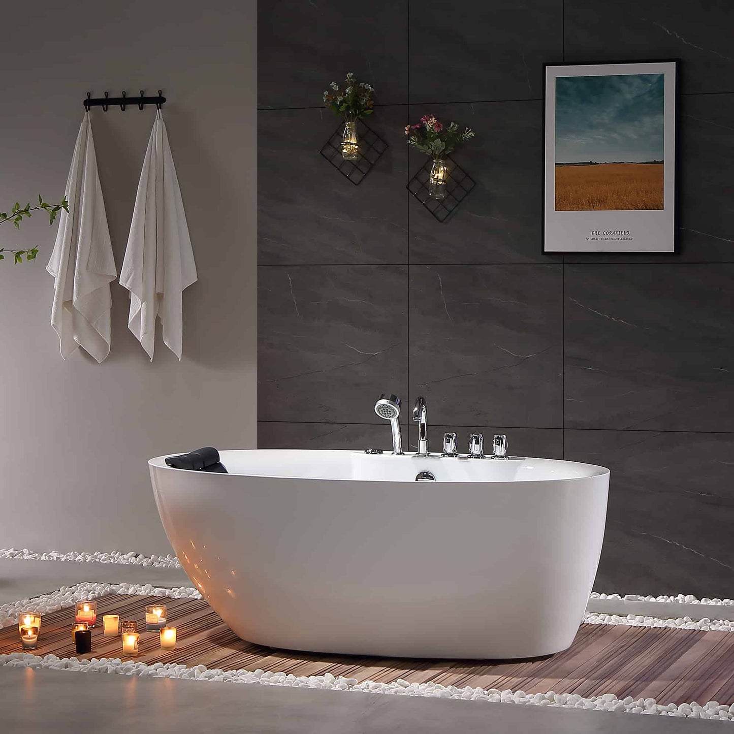 Empava-67AIS13 67 in. Whirlpool Freestanding Bathtub With Chrome Fixture Installed