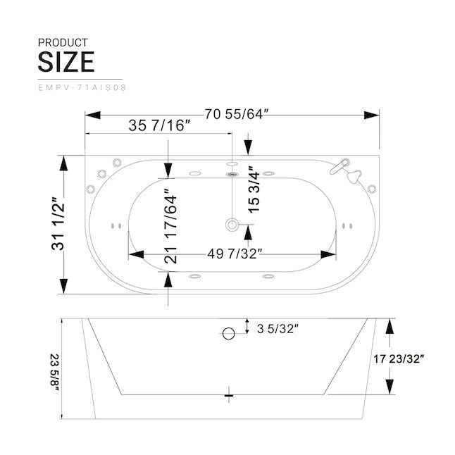 Empava-71AIS08 71 in. Whirlpool Alcove Bathtub With Chrome Fixture Installed