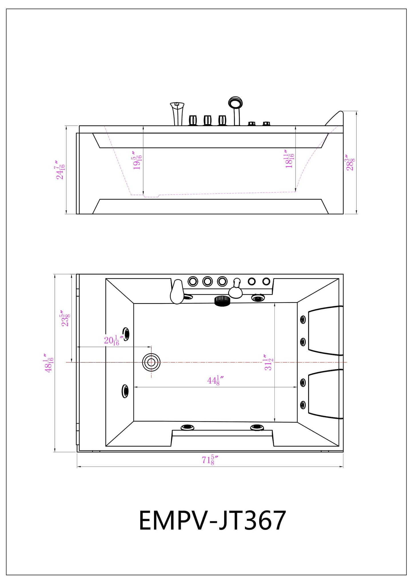 Empava-72JT367LED 72 in. 2-Person Hydromassage Tub With Chrome Fixture Installed