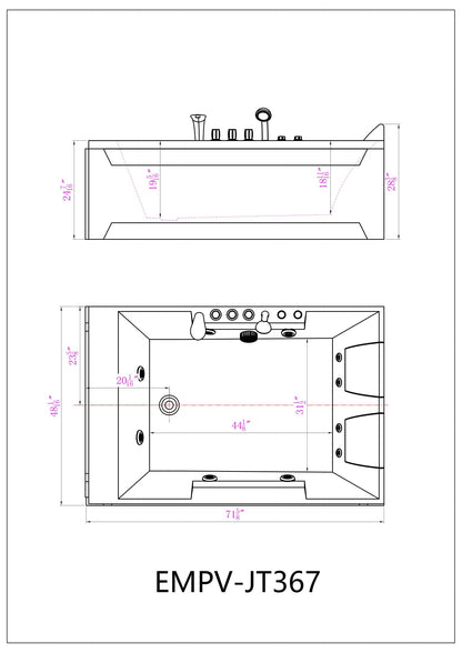 Empava-72JT367LED 72 in. 2-Person Hydromassage Tub With Chrome Fixture Installed