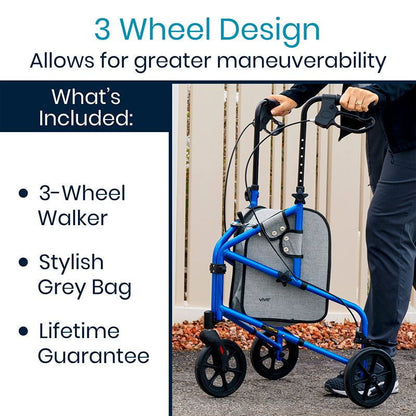 Vive Health 3 Wheel Walker Rollator Lightweight Foldable Walking Transport MOB1026