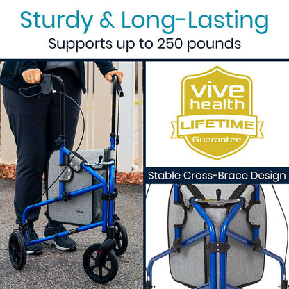 Vive Health 3 Wheel Walker Rollator Lightweight Foldable Walking Transport MOB1026