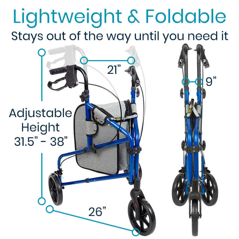 Vive Health 3 Wheel Walker Rollator Lightweight Foldable Walking Transport MOB1026