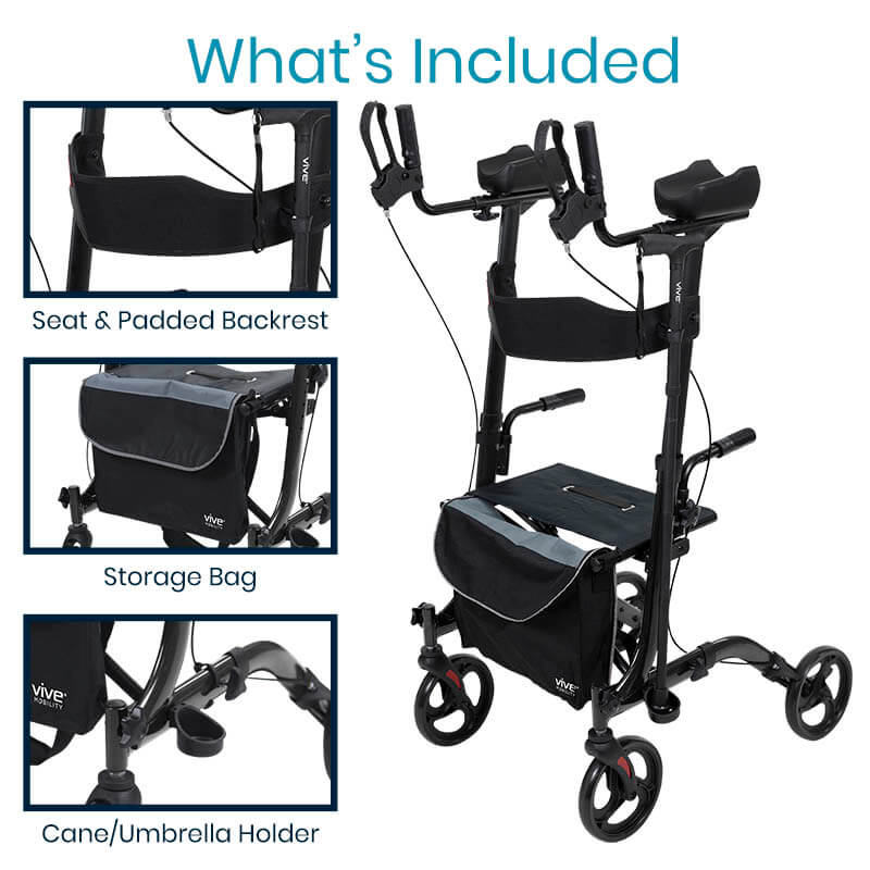 Vive Health Upright Rollator Walker with Foldable Transport Seat MOB1033